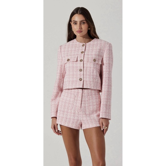 NWT ASTR The Label Cropped Tweed Jacket Pink Sz Small $110 New Preppy - Picture 1 of 7